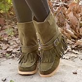 olcso Slouch Boots-női rojtos velúr mokaszin csizma csatos részletekkel - lezser és kényelmes western stílusú bokacsizma