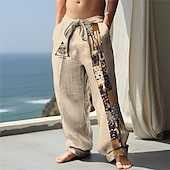 cheap Holiday-Men&#039;s Color Block Graphic Prints Linen Pants Trousers Summer Pants Mid Waist Ethnic Style Retro Vintage Casual Daily Holiday Drawstring Elastic Waist 3D Print Spring &amp; Summer 3D Print Black Green
