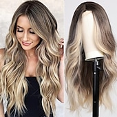 economico Parrucche trendy sintetiche-Parrucca ondulata lunga ombre bionda mista marrone evidenziata per le donneParrucca ondulata riccia parte centrale Parrucca in fibra sintetica resistente al calore dall&#039;aspetto naturale per l&#039;uso