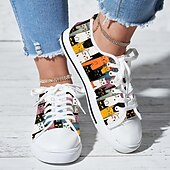 economico Sneakers da donna-Sneakers da donna in tela con stampa di gatti colorati – graziose scarpe casual con lacci per gli amanti dei gatti, da indossare tutti i giorni e per le passeggiate