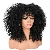 economico Parrucche di altissima qualità-Parrucche ricci da 16 pollici per donne nere parrucca riccia afro bomba nera con frangia capelli ricci crespi lunghi senza colla in fibra sintetica