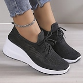 preiswerte Damen-Sneaker-Damen Turnschuhe Schuhe mit innerer Höhenerhöhung Outdoor Täglich Feste Farbe Sommer Keilabsatz Runde Zehe Sport Brautkleider schlicht Komfort Rennen Wanderschuhe Fliegendes Weben Gummiband Schwarz