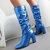 baratos Botas Slouch-botas femininas de cano alto, prateadas e metálicas – botas de salto bloco com estampa de cobra brilhante para moda de festa, clube e festival