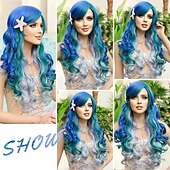 tanie Peruki karnawałowe-długa falowana niebieskozielona peruka syreny z grzywką ciemnoniebieska jasnofioletowa i zielona ombre kręcone peruki małej syrenki ariel imprezy cosplay peruka strój dla kobiet i dziewcząt peruki