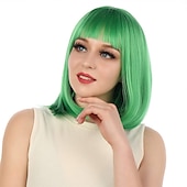voordelige Synthetische trendy pruiken-korte bob haar pruiken 12 recht met platte pony synthetische kleurrijke cosplay dagelijkse feestpruik voor vrouwen natuurlijk als echt haar