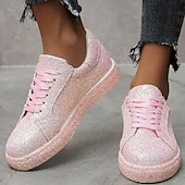 economico Sneakers da donna-sneakers da donna con plateau e glitter argento - scarpe casual con lacci scintillanti per feste e street style