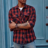 preiswerte Hemdjacke für Herren-Herren Hemd Flanellhemd Kariertes Hemd Knopfhemd Overshirt Karo Outdoor Alltagskleidung Weiß Wein Rote Marineblau Langarm Revers Frühling &amp; Herbst Bekleidung Fronttasche