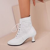 abordables Botines-Botines blancos con cordones para mujer, paneles bordados y tacón medio: estilo victoriano elegante para ocasiones formales