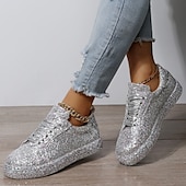 economico Sneakers da donna-sneakers da donna con plateau e glitter argento - scarpe casual con lacci scintillanti per feste e street style
