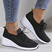 preiswerte Damen-Sneaker-Damen Turnschuhe Schuhe mit innerer Höhenerhöhung Outdoor Täglich Feste Farbe Sommer Keilabsatz Runde Zehe Sport Brautkleider schlicht Komfort Rennen Wanderschuhe Fliegendes Weben Gummiband Schwarz