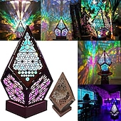 cheap Projector Lamp&amp;Laser Projector-Wooden Bohemian Floor Lamp, USB Charging Hollow Geometric Colorful Lamp Retro Bohemian Light Lamp, LED Colorful Diamond Shaped Lights 3D Projection Night Lamp Desk Lamp Home Decor