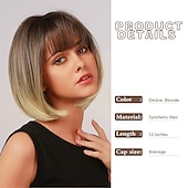baratos Perucas Sintéticas sem Touca-peruca loira com franja - peruca loira curta de 12&#039;&#039; para mulheres perucas de cor natural com franja super macia e fácil de usar peruca reta bob peruca sintética para o dia das bruxas