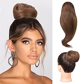 abordables Queue-de-cheval-chignon en désordre haut noeud clip en chignon faux chignon queue de cheval extension 12 pouces synthétique chignon chignon postiche pour les femmes noir