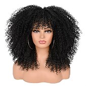economico Parrucche di altissima qualità-Parrucche ricci da 16 pollici per donne nere parrucca riccia afro bomba nera con frangia capelli ricci crespi lunghi senza colla in fibra sintetica