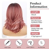 abordables Pelucas sintéticas de moda-peluca rosa ondulada en capas pelucas rosas cortas con flequillo para mujeres pelucas rosa ombre rizadas en capas de 14 pulgadas con raíces oscuras pelucas de reemplazo de cabello sintético de aspecto