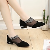 ieftine Block Heels-Botine de damă din plasă neagră, cu ornamente florale cu strasuri - pantofi eleganți cu toc mic, cu vârf ascuțit, pentru evenimente formale și petreceri