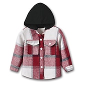 billiga Jackor och rockar för pojkar-Barn Pojkar Kappa Hoodiejacka Ytterkläder Rutig Långärmad Knappar Täcka Utomhus Mode Streetwear Dagligen Vin Armégrön Rubinrött Höst Vinter 7-13 år