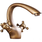 cheap Classical-Bathroom Sink Mixer Faucet, Brass Basin Taps Dual Handle with Hot and Cold Hose