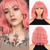 economico Parrucche trendy sintetiche-parrucca bianca corta con frangia parrucche di capelli bianchi ondulati per le donne parrucche sintetiche ondulate di lunghezza della spalla bianca parrucche dall&#039;aspetto naturale parrucca in fibra