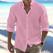 cheap Vacation-Men&#039;s Shirt Summer Shirt Beach Wear Button Up Shirt Black White Pink Red Long Sleeve Plain Band Collar Spring &amp; Summer Casual Daily Clothing Apparel 100% Cotton