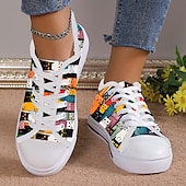 economico Sneakers da donna-Sneakers da donna in tela con stampa di gatti colorati – graziose scarpe casual con lacci per gli amanti dei gatti, da indossare tutti i giorni e per le passeggiate