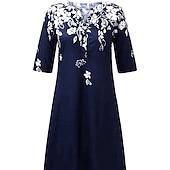 olcso Virágos ruha-Női Midi Ruha Kényelmes Ruha Tengerészkék Félujjú Virágos Zsebes Nyár Tavasz Ősz V Nyak Vakáció Mindennapi Vakáció 2023 S M L XL XXL 3XL