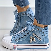 preiswerte Damen-Sneaker-Damen-High-Top-Sneaker aus blauem Denim mit Totenkopf-Anhängern und Reißverschluss-Detail – lässiger Retro-Stil für jeden Tag