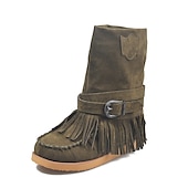 olcso Slouch Boots-női rojtos velúr mokaszin csizma csatos részletekkel - lezser és kényelmes western stílusú bokacsizma