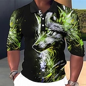 economico Polo con stampa animalier da uomo-Per uomo Lupo Polo Maglia da golf Manica Lunga Magliette polo Camicie con Colletto Casual Divertente Abbigliamento da vacanza Abiti da festa Bottoni Stampa 3D Autunno &amp; Inverno Rosso Blu Verde