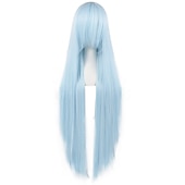 halpa Synteettiset trendikkäät peruukit-100 cm vaaleansininen peruukki naisten tytöille cosplay suora peruukki otsatukkalla synteettiset hiukset peruukkiasu anime halloween -juhliin