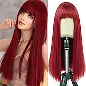 abordables Perruques Synthétiques Sans Bonnet-perruques rouges avec une frange rouge bordeaux synthétique longue perruque droite pour les femmes partie et cosplay perruque rouge vif