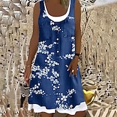 cheap Plain Dress-Women&#039;s Midi Dress Shift Dress Gray Sleeveless Floral Fake two piece Summer Spring Crew Neck Modern 2023 5XL