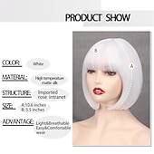 preiswerte Trendige synthetische Perücken-Kurze weiße Bob-Perücke mit Pony, gerade weiße Perücke für Frauen, natürliche synthetische kurze weiße Perücke mit Pony für die tägliche Party, Cosplay, Halloween