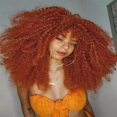 voordelige Topkwaliteit pruiken-18 inch lange krullende pruik met pony voor zwarte vrouwen afro bom kinky krullende pruik pluizig en zacht synthetisch haar