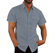 cheap Business Casual-Men&#039;s Shirt Linen Shirt Summer Shirt Beach Shirt Solid Color Vacation Daily Black White Navy Blue Blue Short Sleeve Turndown Spring Autumn / Fall Clothing Apparel Button-Down