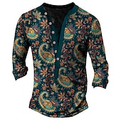 abordables Estilo étnico-Hombre Estampados Estampado Floral Henley Shirt Camisetas gráficas camisa de la vendimia Manga Larga Impresión 3d Moda Básico Casual Exterior Vacaciones Diario Primavera &amp; Otoño Burdeos Azul Marino