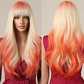 economico Parrucche trendy sintetiche-parrucche ondulate rosse lunghe ombre rosa per le donne parrucche ricci rosa nere con frangia parrucca cosplay radici scure parrucche sintetiche senza colla per l&#039;uso quotidiano delle feste
