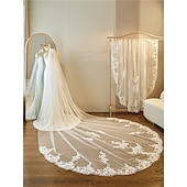 cheap Wedding Veils-One-tier Lace Applique Edge / Lace Wedding Veil Cathedral Veils with Embroidery / Appliques / Paillette 137.8 in (350cm) Tulle