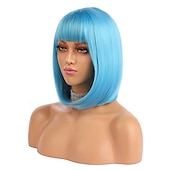 voordelige Synthetische trendy pruiken-korte bob haar pruiken 12 recht met platte pony synthetische kleurrijke cosplay dagelijkse feestpruik voor vrouwen natuurlijk als echt haar
