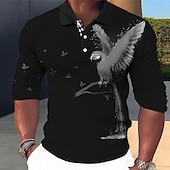 abordables Polo imprimé animal pour homme-Homme Perroquet Polos Hawaïens Chemise de golf manche longue Polos Chemises à Col Occasionnel Drôle Tenue de plage Vêtements de vacances Tenues de fête Boutons Impression 3D Automne &amp; Hiver Jaune