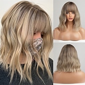 economico Parrucche trendy sintetiche-Parrucca marrone con riflessi parrucche a caschetto con frangia parrucca ondulata lunga fino alle spalle parrucca con parte centrale per donne parrucche per feste di Natale