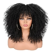 economico Parrucche di altissima qualità-Parrucche ricci da 16 pollici per donne nere parrucca riccia afro bomba nera con frangia capelli ricci crespi lunghi senza colla in fibra sintetica