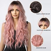 abordables Perruques Synthétiques Sans Bonnet-longue perruque rose pâle ondulée pour les femmes frange perruque cheveux synthétiques bouclés aspect naturel fibre résistante à la chaleur pour la fête quotidienne cosplay porter