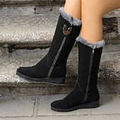 baratos Botas de neve e inverno-botas de inverno femininas de camurça preta com forro de pele sintética e zíper lateral - botas quentes e elegantes de cano médio para clima frio