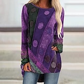abordables T-shirts-Femme T shirt Tee Jaune Rouge Violet Graphic Imprimer manche longue Casual Fin de semaine du quotidien Tuniques basique Col Rond Standard Peinture Automne hiver