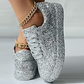 economico Sneakers da donna-sneakers da donna con plateau e glitter argento - scarpe casual con lacci scintillanti per feste e street style