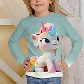 billiga Flickans 3D-tecknad film-Flickor 3D Grafisk Tecknat Enhörnings T-shirt Långärmad 3D-tryck Sommar Höst Aktiv Mode söt stil Barn 3-12 år Utomhus Ledigt Dagligen Normal