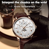cheap Mechanical Watches-Mechanical Watch for Men Business Luxury Analog Wristwatch CalendarAutomatic Self-winding Moon Phase Waterproof Noctilucent Genuine Leather Watch Gift