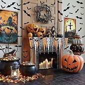 olcso Halloween matricák-72 db denevér fali dekor halloween dekoráció, 3d denevér matrica otthoni dekorációhoz 4 méretű félelmetes fekete kísérteties denevér parti kellékek
