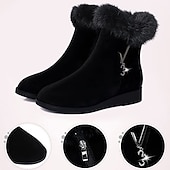 billige Snow &amp; Winter Boots-svarte ankelstøvletter for kvinner med fuskepelskant - elegant design, komfortabel passform, varmt fôr, perfekt for uformelle vinterturer og hverdagsbruk